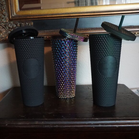 Starbucks Lid & Straws Tumblers 24 OZ Flat Black Emerald Green  Iridescent Blue - Picture 1 of 9